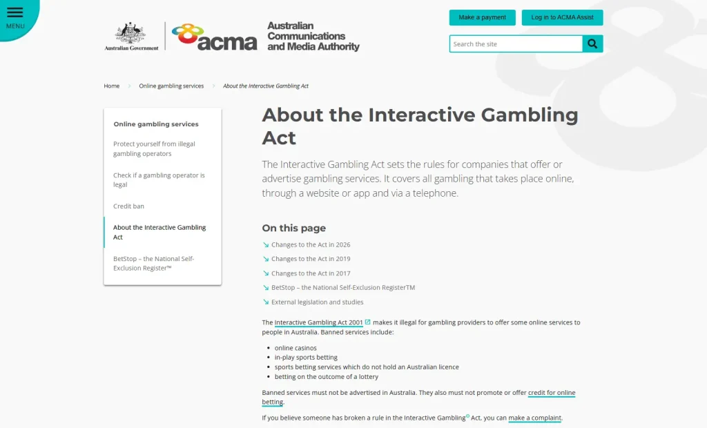 ACMA guidance explaining Australian rules for online casinos and interactive gambling services