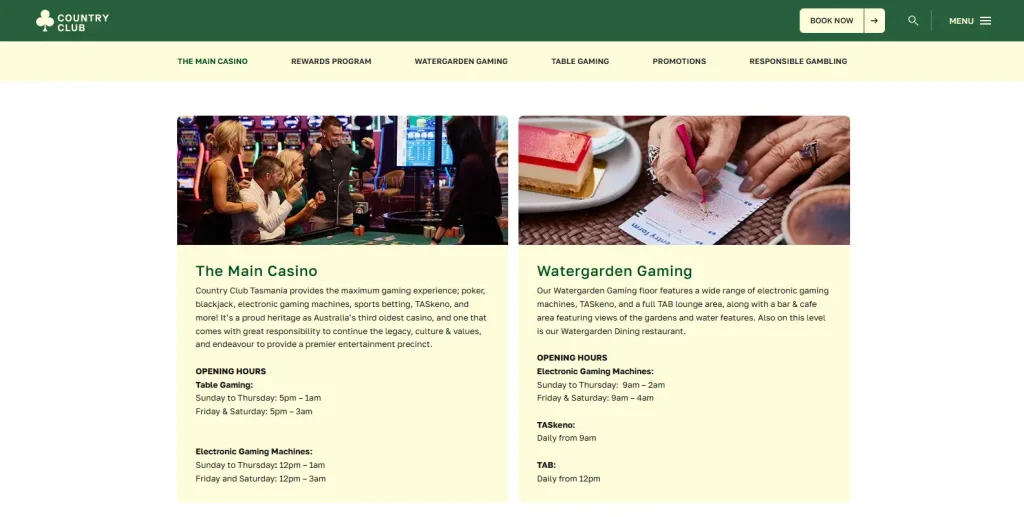 Country Club Tasmania casino page listing Federal Baccarat, American Roulette, Rapid Roulette, Federal Pontoon and Blackjack