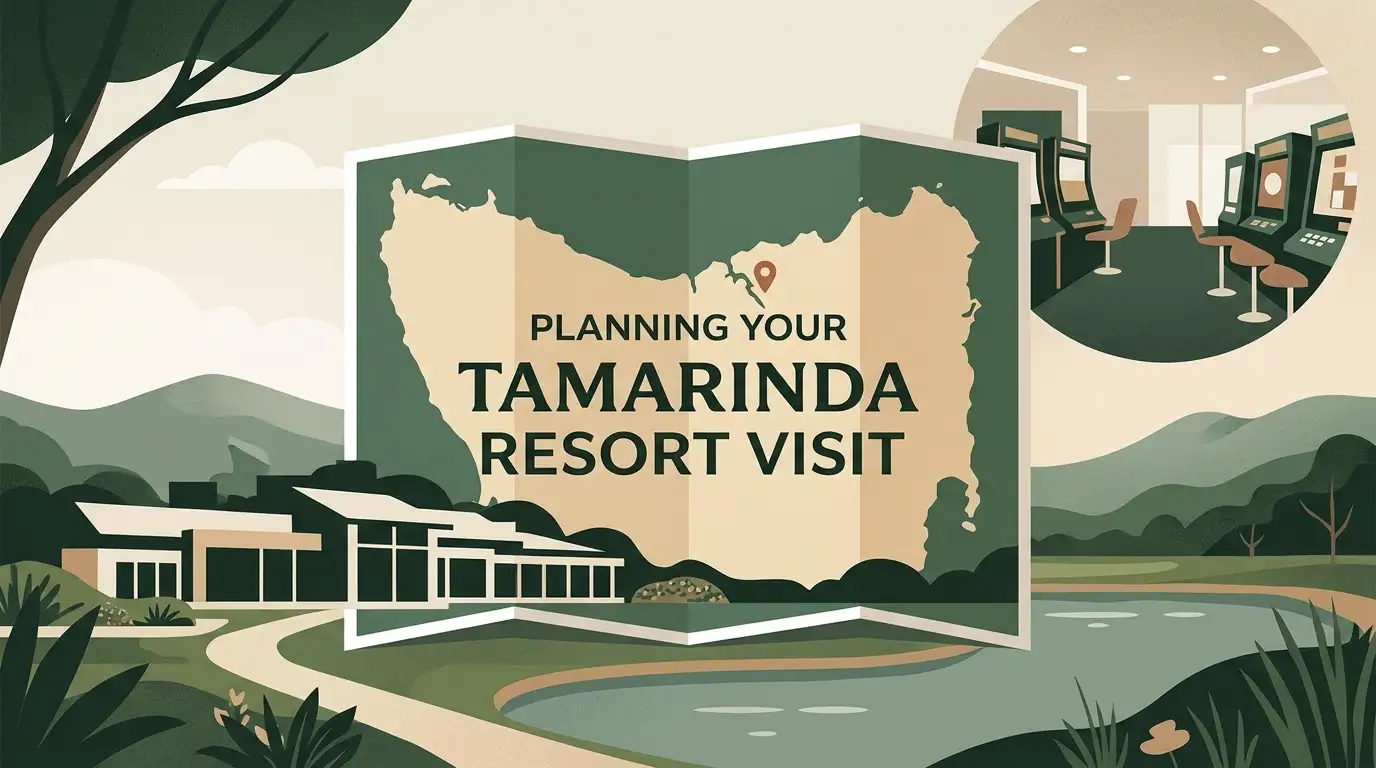 Editorial illustration of a visitor planning a land-based casino resort trip in northern Tasmania