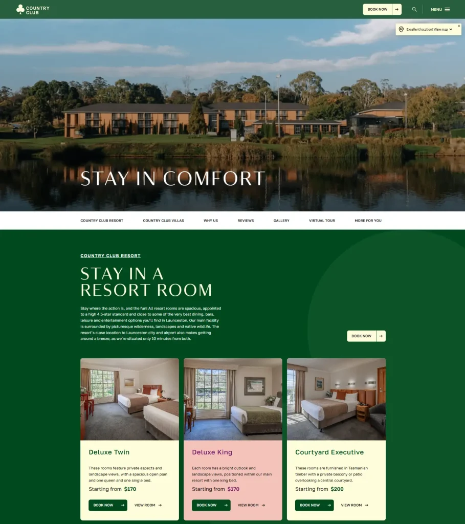 Official Country Club Tasmania accommodation page showing Resort and Villas options