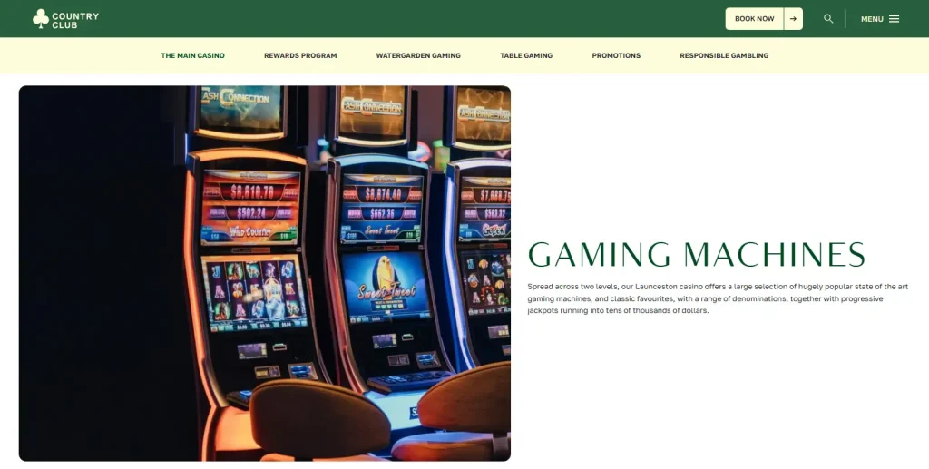 Official Country Club Tasmania casino page showing Watergarden and electronic gaming-machine information