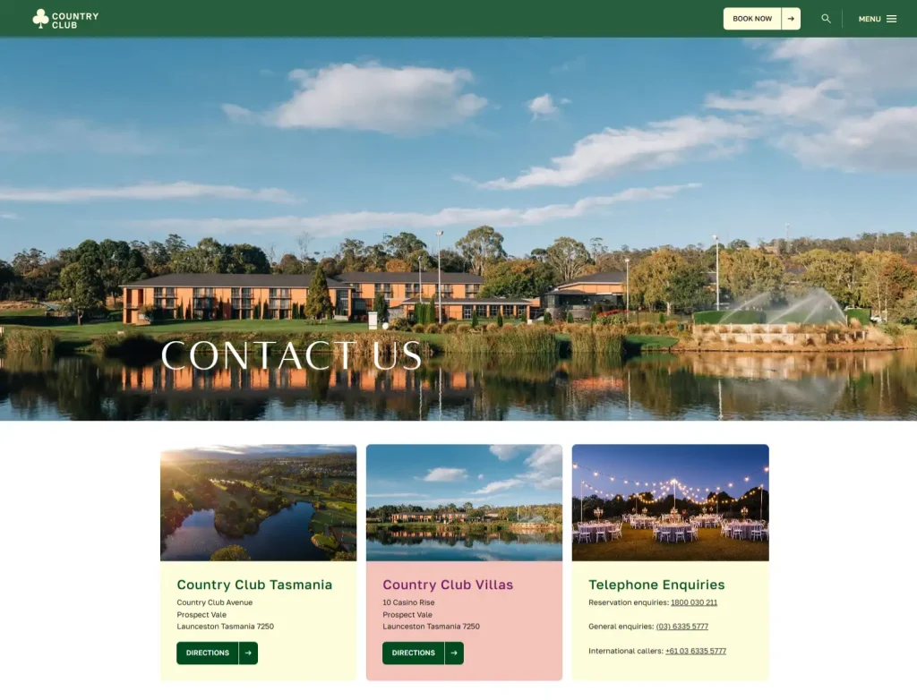Official Country Club Tasmania contact page showing the main Prospect Vale address