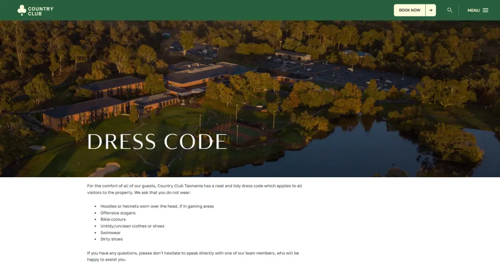 Official Country Club Tasmania dress-code page showing current clothing restrictions