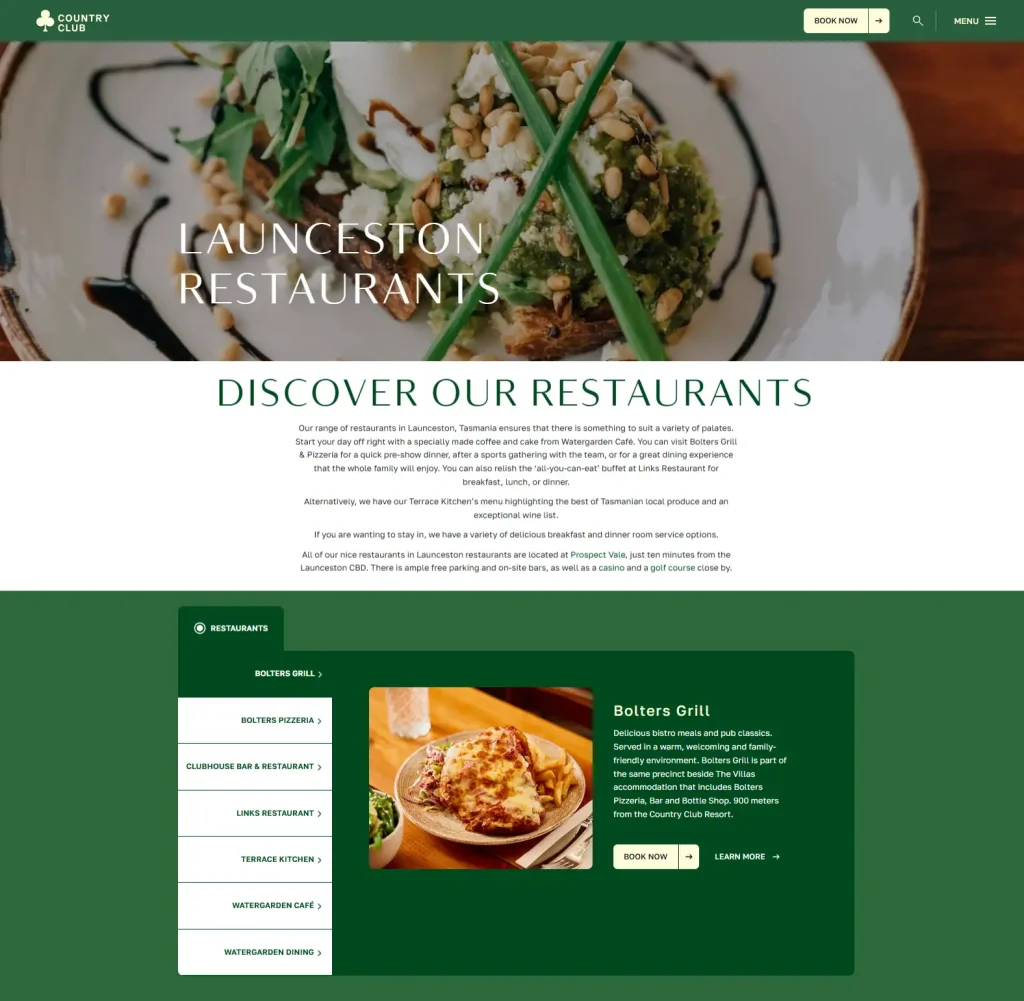 Official Country Club Tasmania restaurants page showing current dining options