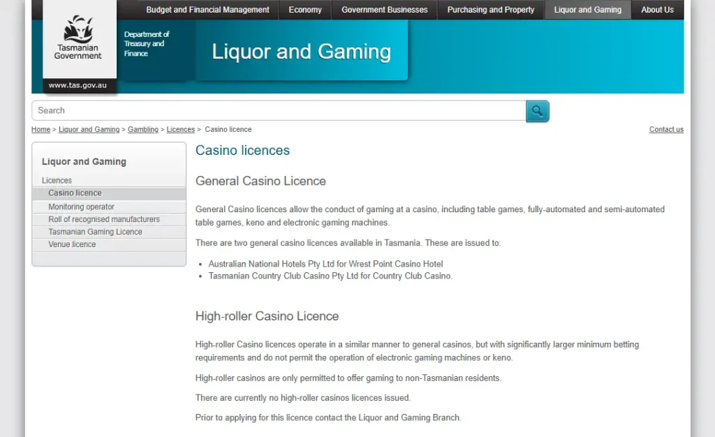 Tasmanian casino licence register listing Country Club Casino and Tasmanian Country Club Casino Pty Ltd